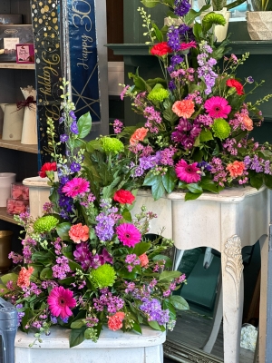 Cerise, Purple and Green Front Facing Arrangement